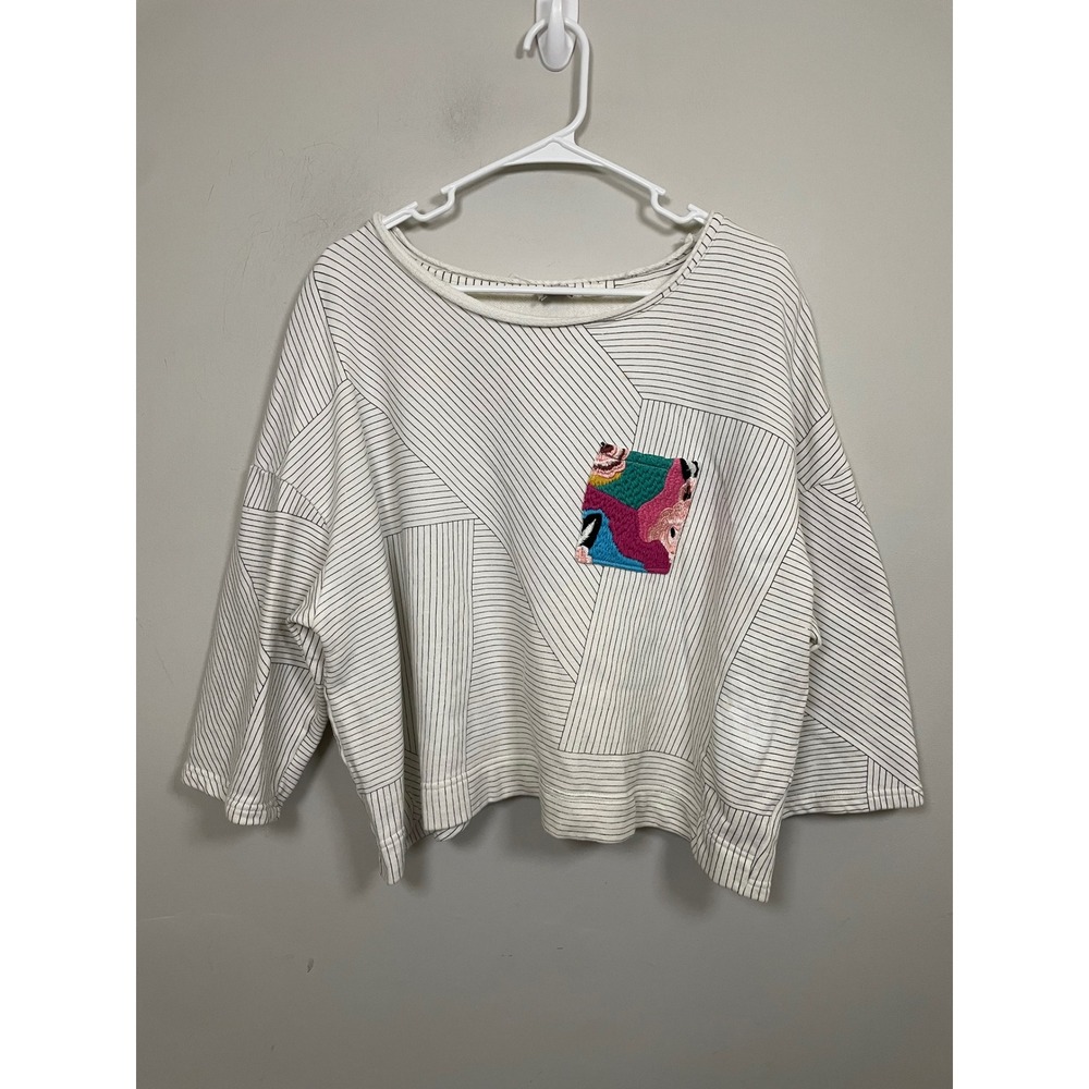 Anthropologie Postmark Embroidered Pocket Striped Sweatshirt Size Large - Picture 2 of 11
